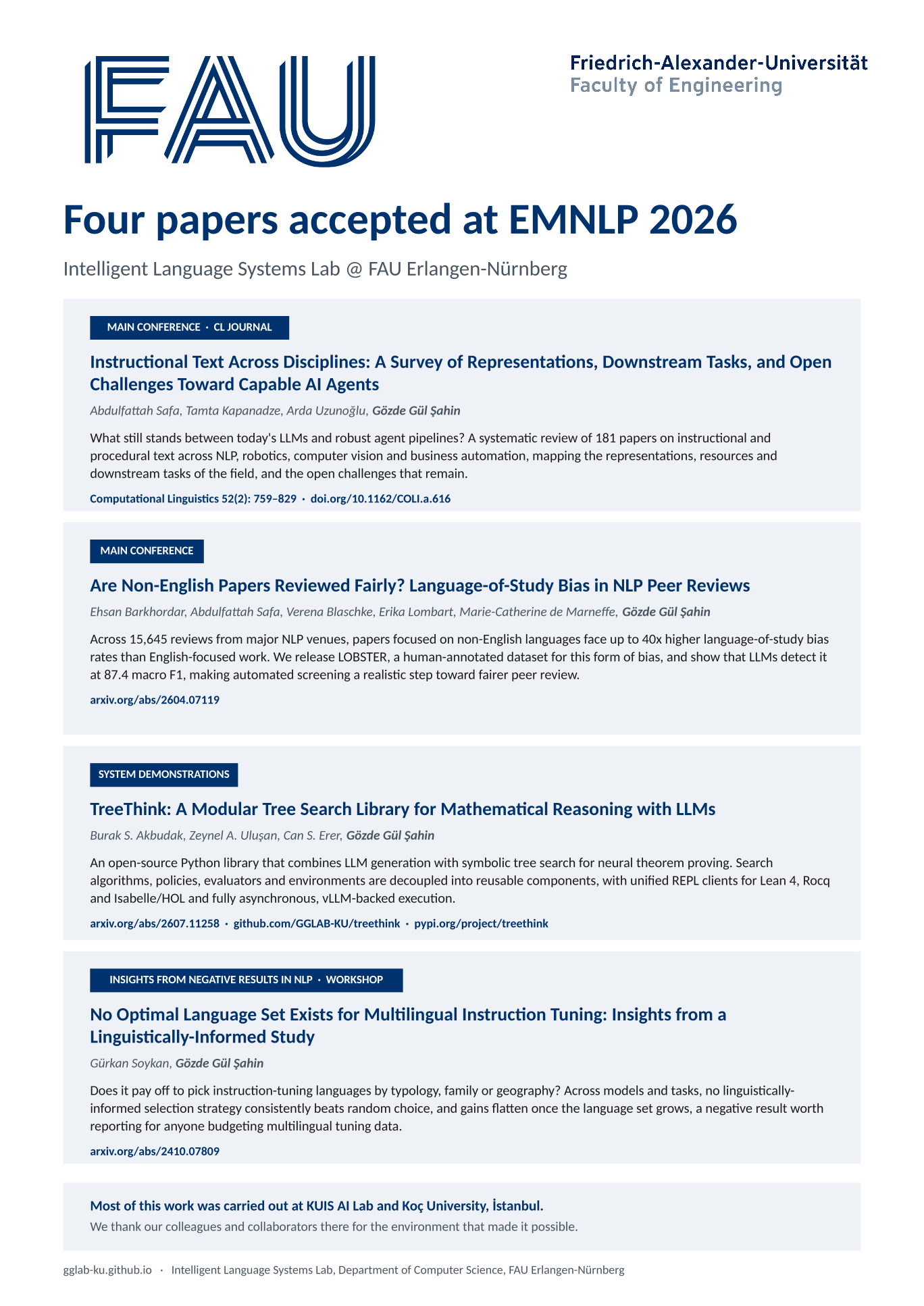 Four papers accepted at EMNLP 2026 — Intelligent Language Systems Lab @ FAU Erlangen-Nürnberg
